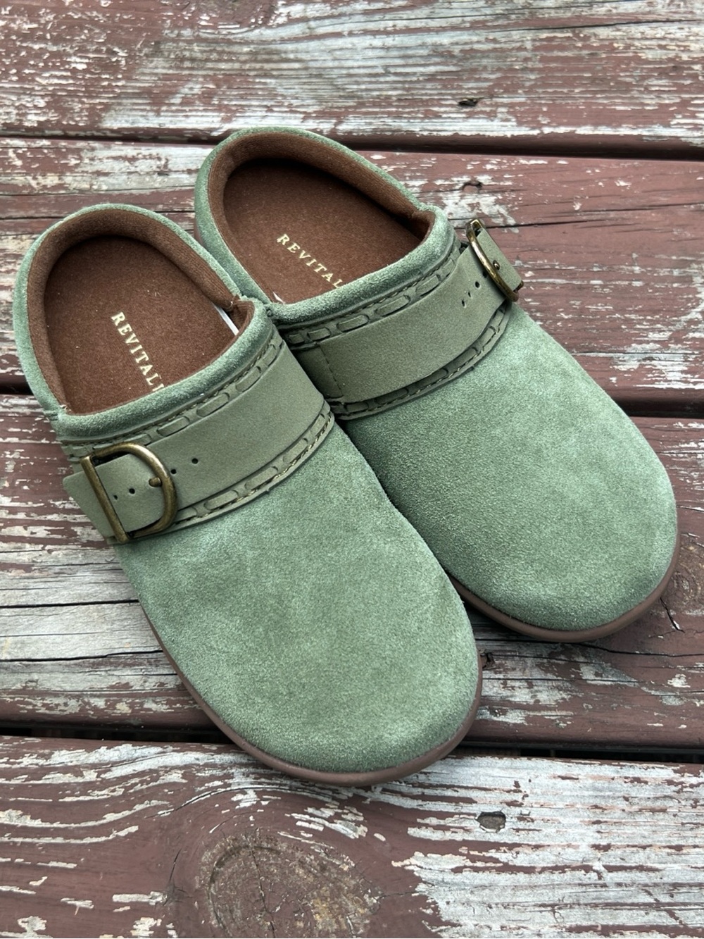 Revitalign Orthotic Suede Slip-On Clogs Shoe Olive Green,Comfort Boho|Size:7B